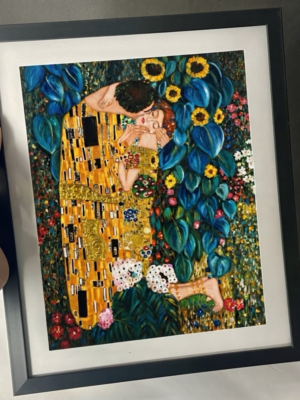 Framed Klimt-inspired "The Kiss" print - bright and colorful artwork 10x12